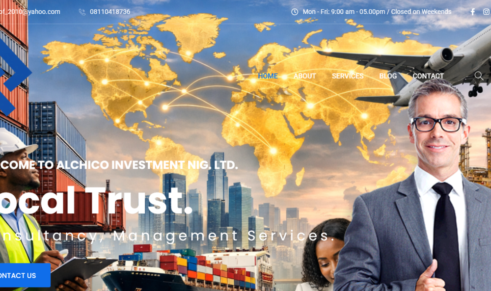 Web design and development in Nigeria for Alchico Investment Nig. Ltd., featuring global logistics, shipping containers, aircraft, and consultancy imagery.