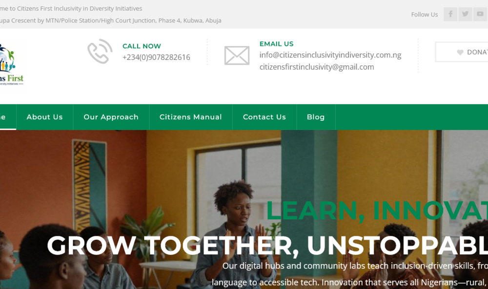 Homepage of Citizens First Inclusivity in Diversity Initiatives showing a community learning session and inclusive-innovation message.