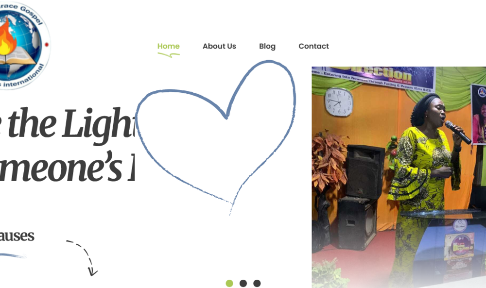 Web design and development in Nigeria for Helpers Grace Gospel Ministries International, featuring its logo, navigation, and a church service