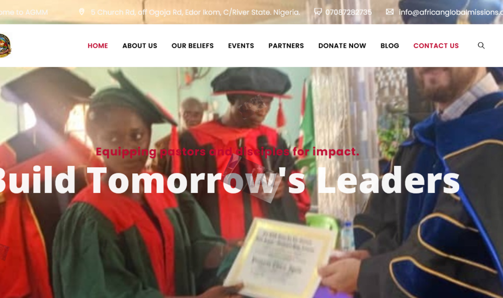 Web design and development in Nigeria for African Global Missions Ministries, showing a graduation ceremony and ministry navigation.