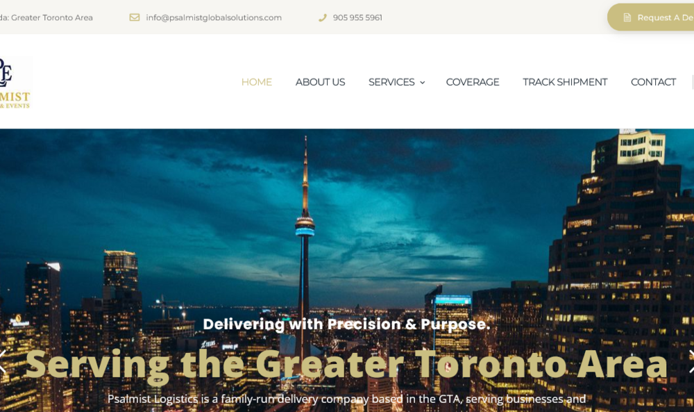 Homepage of Psalmist Logistics & Events event services showing catering equipment and an outdoor event venue.