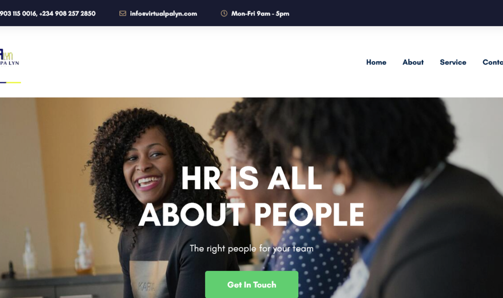 Homepage of Virtual Palyn showing a workplace meeting and human-resources services headline.