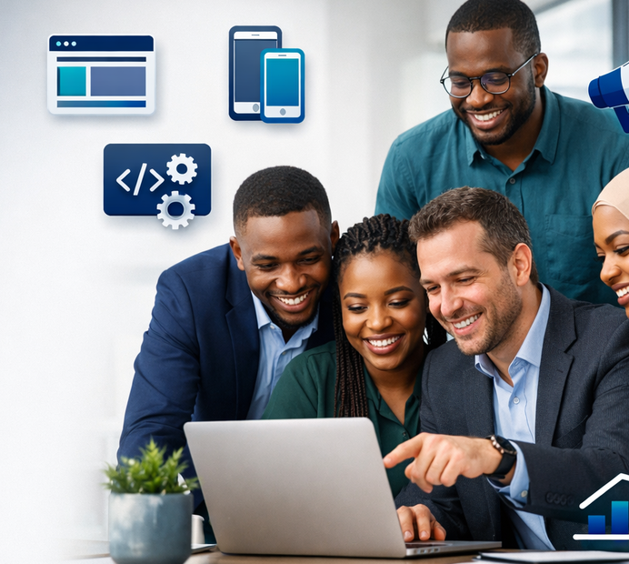 Illustration of uTech Dynamic & Integrated Concept’s digital services, including website design, mobile app development, custom software, and social media advertising for Nigerian businesses.