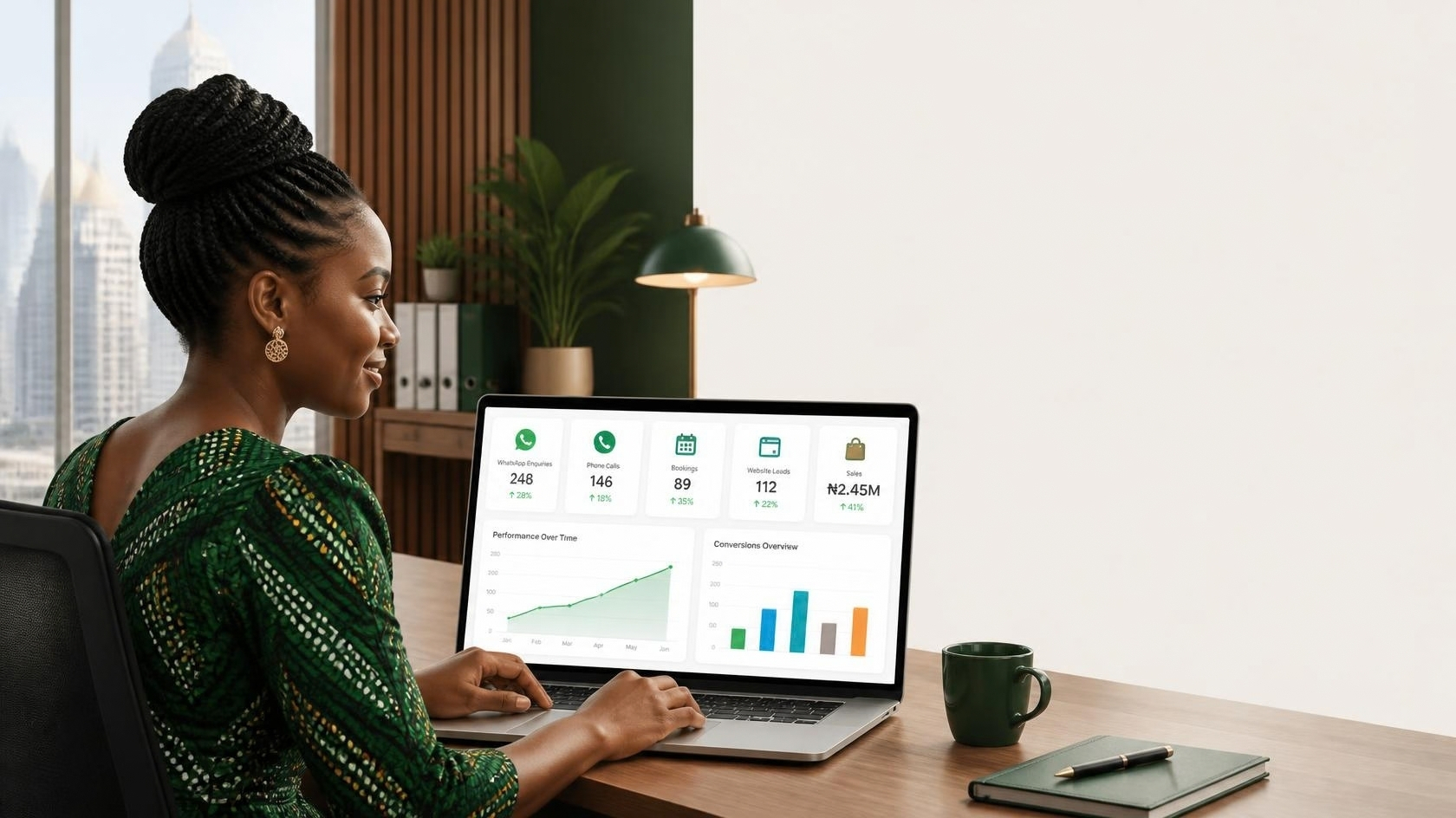 Nigerian business owner tracking measurable advertising goals including WhatsApp enquiries, calls, bookings and sales.