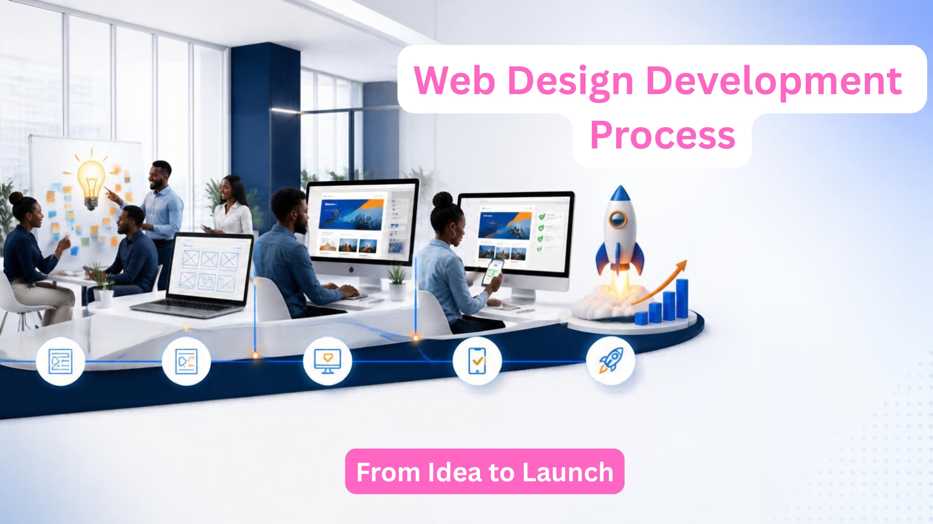 Web design development process showing website planning, design, testing and launch stages